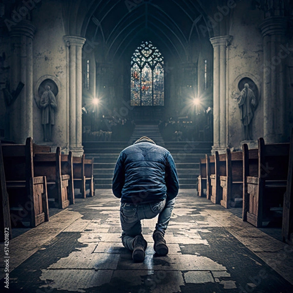 Obraz Man praying on his knees in a church. Generative AI.