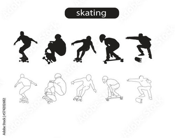 Obraz Skating People Silhouette and Line Icons Vector Illustration 