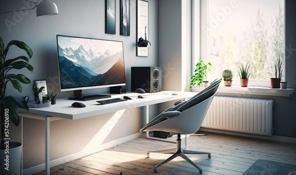 Fototapeta  a desk with a computer and a plant in a room.  generative ai