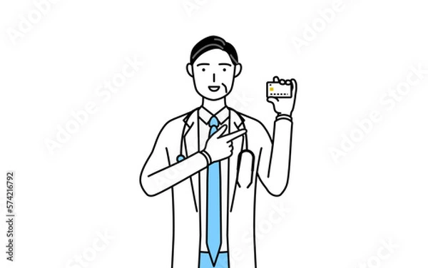 Fototapeta クレジット決済を勧める聴診器をかけた白衣の男性医師、シニア・中高年のベテラン医師