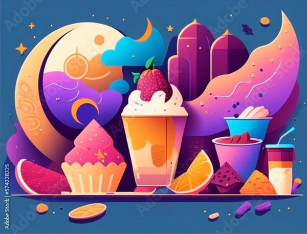 Fototapeta Ramadan background with iftar food and drink and soft color