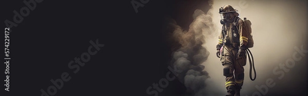 Obraz Fireman wearing firefighter turnouts and helmet. Dark background with smoke and blue light created with Generative Ai.