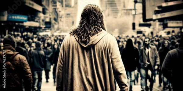 Fototapeta Jesus walking in a modern city with back view among the crowds. Generative AI illustration