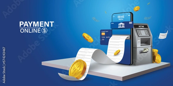 Obraz The credit card is on the smartphone and there are coins around it.Mobile payment concept without ATM or bank. Cashback via mobile application or via credit card. Paying bill using mobile phone bill.