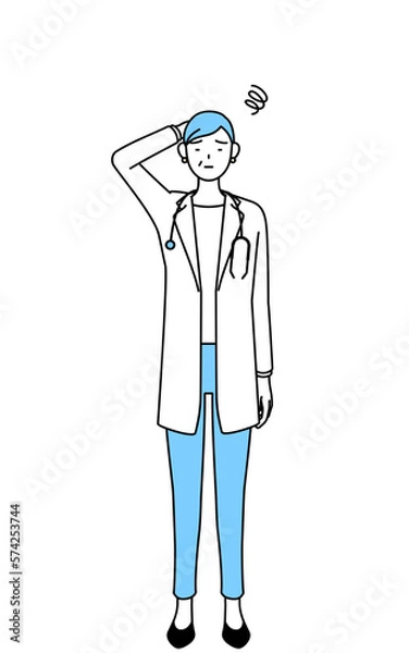 Obraz 困って頭をかく聴診器をかけた白衣の女性医師、シニア・中高年のベテラン医師