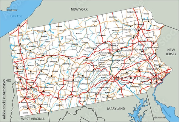 Fototapeta High detailed Pennsylvania road map with labeling.