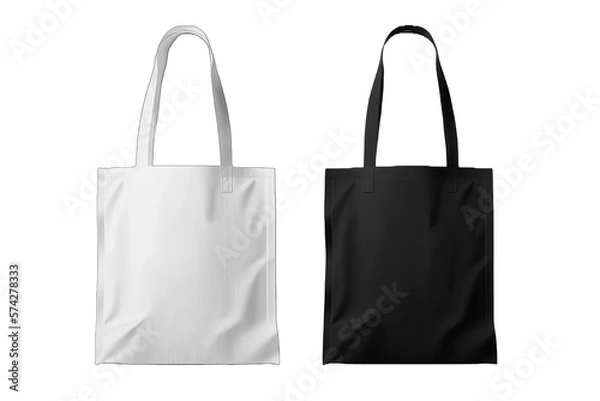 Fototapeta Black and white tote shopping bags realistic corporate identity mock-up items template transparent background vector illustration. Mockup white tote bag fabric for shopping, mock up canvas bag.