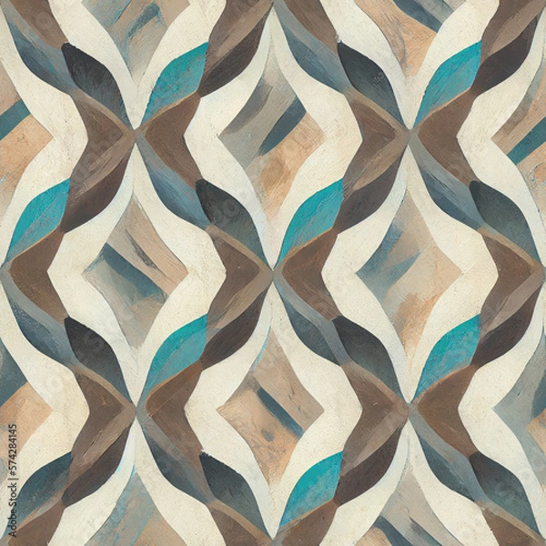 Fototapeta Seamless background pattern texture with geometric shapes with different shades of white, beige, black, blue and green blue. Ai Generative Art.