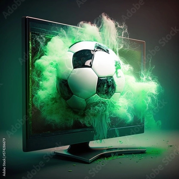 Fototapeta Soccer Ball Coming Out of a Computer Screen with a Lot of Speed Generated by AI