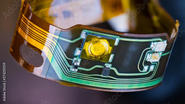 Fototapeta Flex printed circuit and small electronic components in plastic strip curled into circle on dark background. Closeup of ribbon cable with green and yellow copper lines on flexible PCB from headphones.