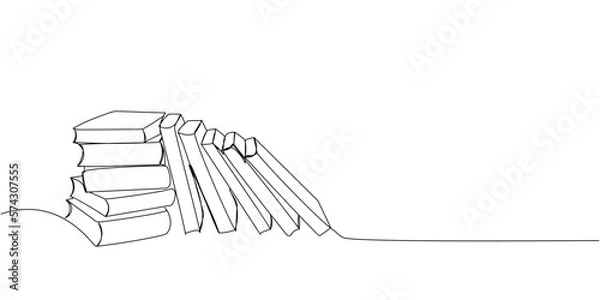 Obraz Books are on the shelf and in a stack one line art. Continuous line drawing of book, library, education, school, study, literature, paper, textbook, knowledge, read, learn, page, reading.