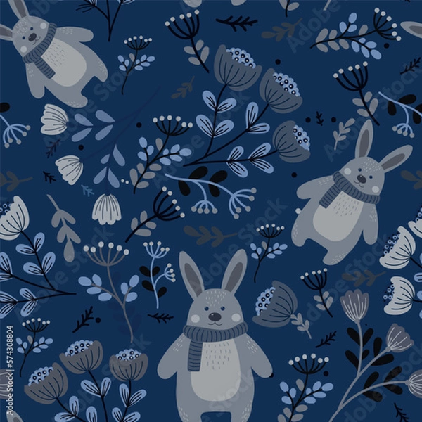 Fototapeta Seamless pattern with decorative flowers and leaves and hares. Vector file for designs.