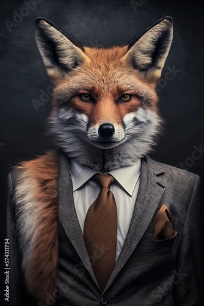Fototapeta Portrait of fox in a business suit at the office. Cunning as a fox concept. Generative AI Technology