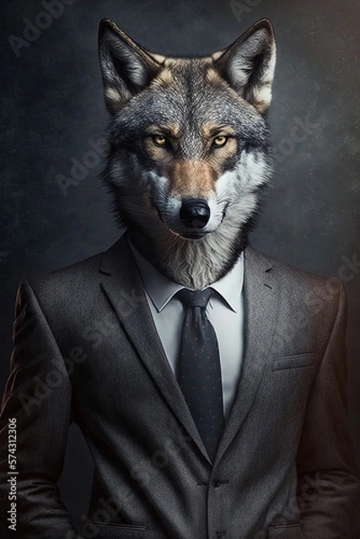 Fototapeta Portrait of male wolf in a business suit at the office.  Generative AI Technology