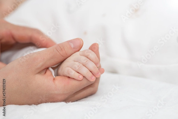 Fototapeta Close up mother holding tiny hand of little newborn baby boy girl, helping hands, bonding different generations. Happy motherhood concept.