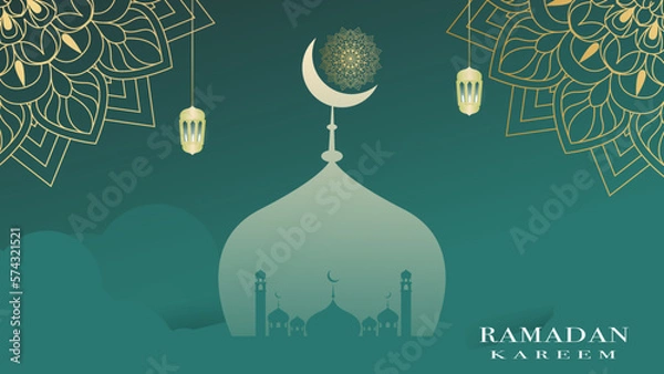 Fototapeta Pastel green ramadan background with a mosque and lights. Background, poster, banner, banner, greeting card Ramadan Kareem. Vector illustration.