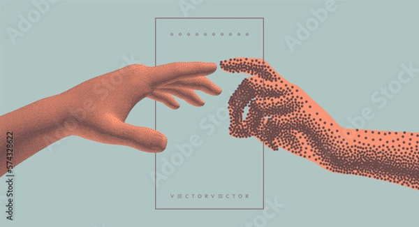 Fototapeta Hands reaching towards each other in сoarse and fine style. Concept of human relation, togetherness or partnership. Model with stipple effect. 3D vector illustration for banner, cover or brochure.