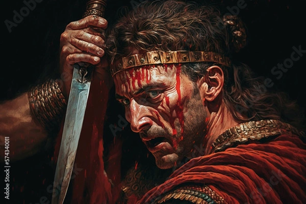 Fototapeta Julius Caesar assassination | moment just after Caesar is stabbed by senators, rendered in a vivid, painterly style that accentuates red of blood and cold steel of the conspirators' daggers.  Ai