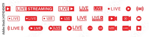 Fototapeta Live streaming set red icons. Play button icon vector illustration.