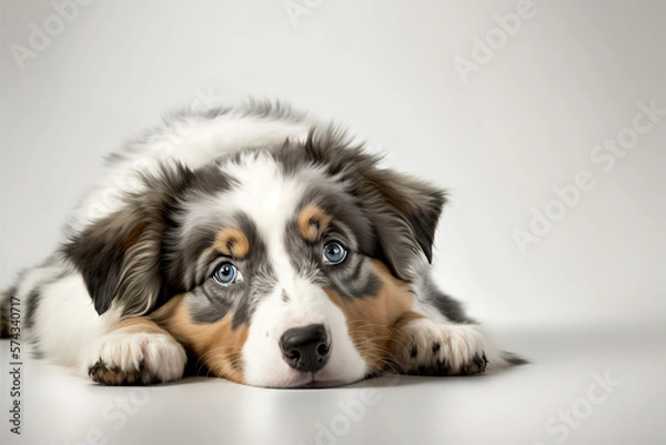 Obraz The studio portrait of the puppy dog Australian Shepherd lying on the white background, looking at the copy space