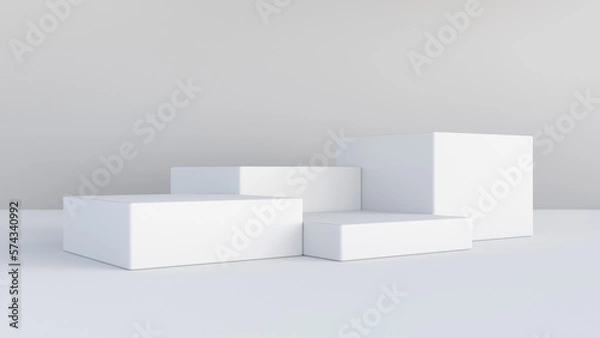 Fototapeta Four steps cube podium. White platform with empty space for display products. 3d render