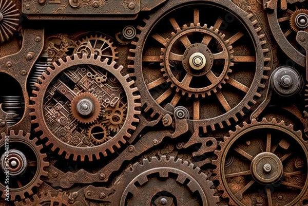 Obraz Vintage rusty Machinery gears steampunk background. Generative AI