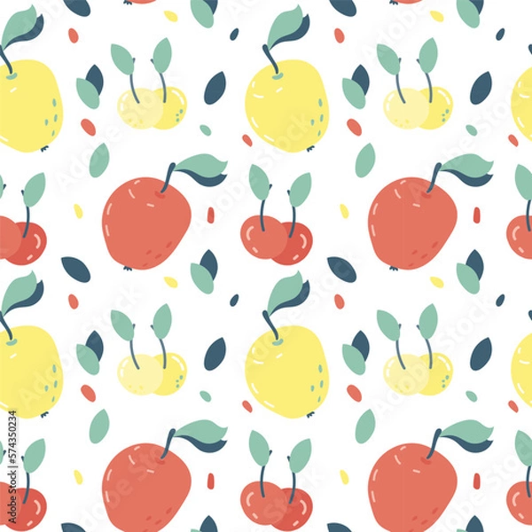 Fototapeta Vector seamless pattern with apples and cherries. Pattern with fruits in flat style.