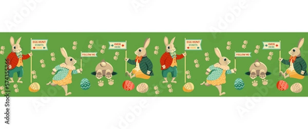 Fototapeta Easter egg hunt game seamless vector pattern border. Cute rabbits, bunny path, Easter eggs cartoon design element. Festive family, children fun event invitation flyer frame, background illustration