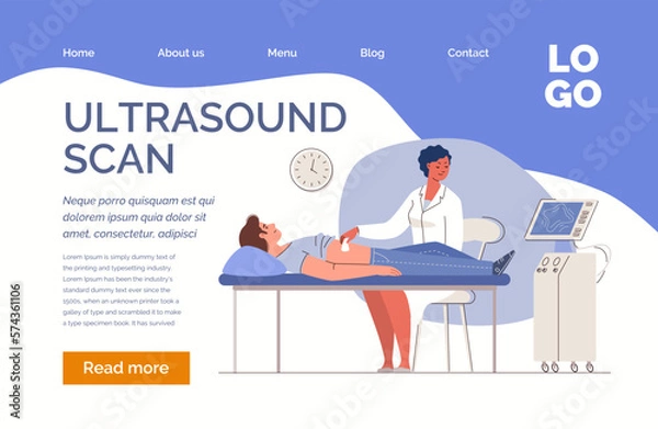 Fototapeta Man in office with doctor for ultrasound scan. Concept of health care, scheduled medical examination, diagnostics. Character flat cartoon illustration. Web template, landing page. Vector.
