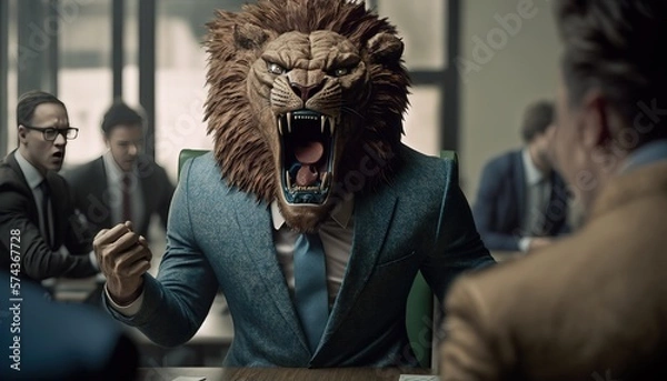 Obraz Lion Business worker or lawyer. Metaphor for all powerful boss or lawyer or employer. Demanding Agressive Angry Boss. Power. Generative AI.