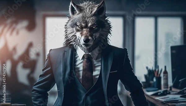 Fototapeta Big Bad Wolf Business worker. Metaphor for all powerful mean businessman, lawyer. Demanding Agressive Angry Boss. Power. Generative AI.