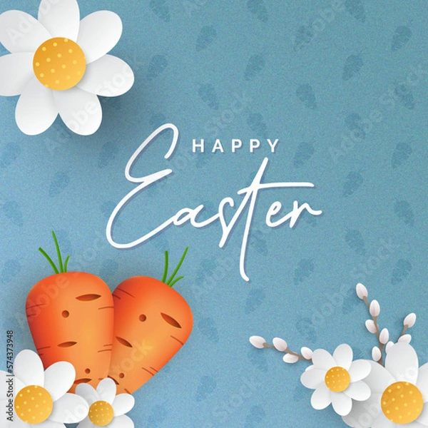 Fototapeta Easter carrots with Easter flowers on blue background 