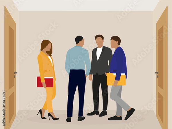 Obraz Three men and one woman in business suits are talking in a room with two closed doors