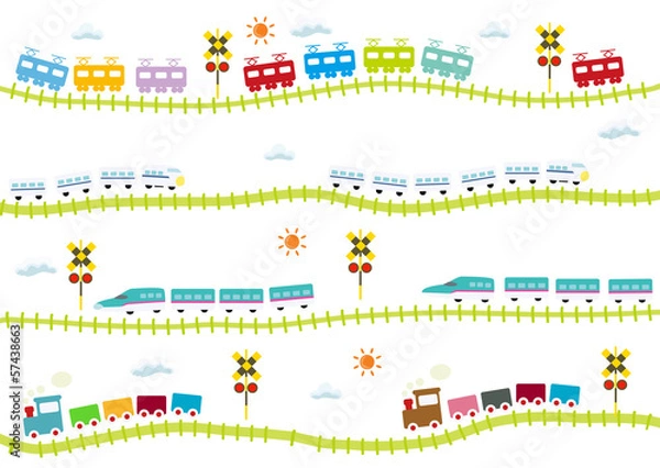 Fototapeta 子供向け可愛い踏切のある線路を走る電車　はやぶさ