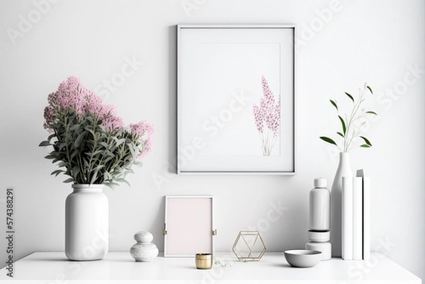 Fototapeta White frame mockup with pink flowers in a wooden desk table. Scandinavian style decoration, simple and basic setting. Mockup for displaying photos, images, artwork, printed materials. Generative AI.