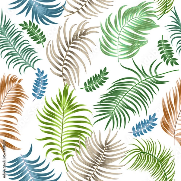 Fototapeta Seamless pattern with tropical leaves of palm tree on white background. Botany vector background, jungle wallpaper.