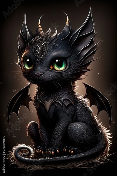 Fototapeta Cartoon cat dragon. Dark fantasy Generative AI 