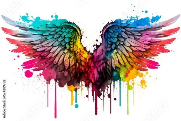 Fototapeta Watercolor Illustration of Grunge Style Bird Or Angel Wings With Paint and Ink Splatters And Drips, Rainbow Colors, Isolated On White Background. Made in Part with Generative AI
