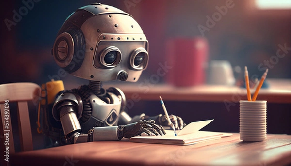 Fototapeta A futuristic little robot studies in the classroom, Generative ai
