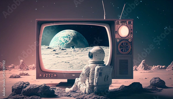 Fototapeta Astronaut watches a vintage tv on an extraterrestrial planet, Generative ai
