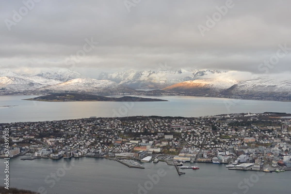 Fototapeta On the top of Mount Fløya, offers a fantastic view of the city of Tromso and the fjords

