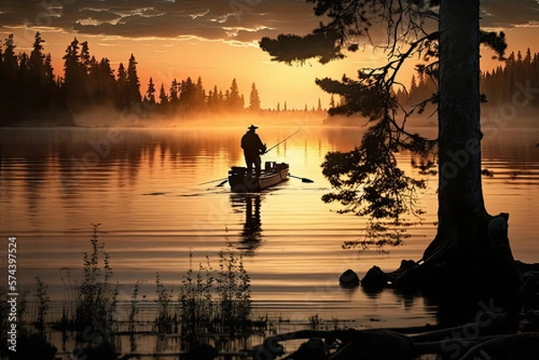 Fototapeta Man acts from a boat at a beautiful sunset on a calm sea. Generative AI