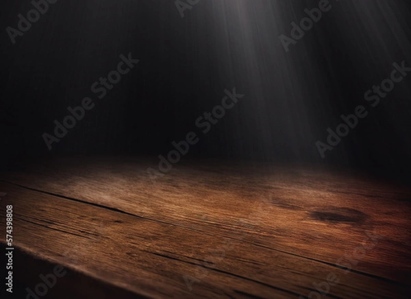Fototapeta Pusty drewniany stół z dymem unosił się na ciemnym tle Pusta przestrzeń do wyświetlania produktów,. Opryty drewniany stół z dymem unosząc się na ciemnym tle Pusta przestrzeń do wyświetlania produktów