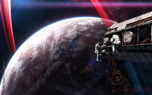 Fototapeta Space station in front of inhabited deep space planet. Science fiction. Elements of this image furnished by NASA