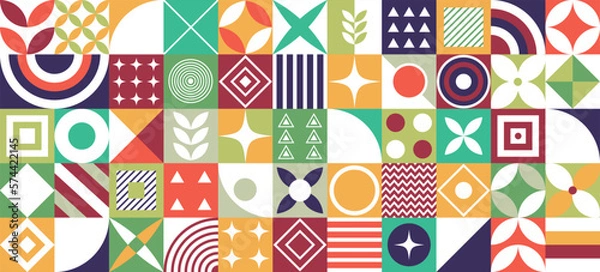 Fototapeta Neo geometric poster. Grid with color geometric shapes. Abstract Geometric Background. Neo Geo Pattern.