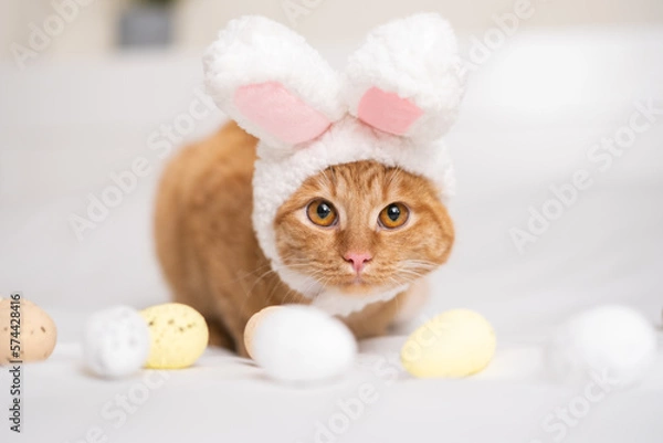 Fototapeta Cute ginger cat in a bunny suit plays with Easter eggs on a white bed. The concept of pets at Easter.