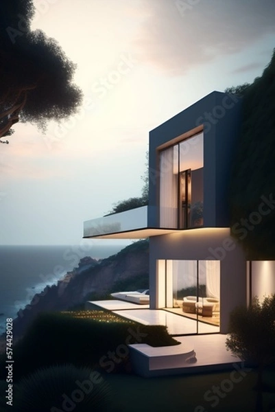 Fototapeta Future architecture, luxury house in fantasy style on the sea beach