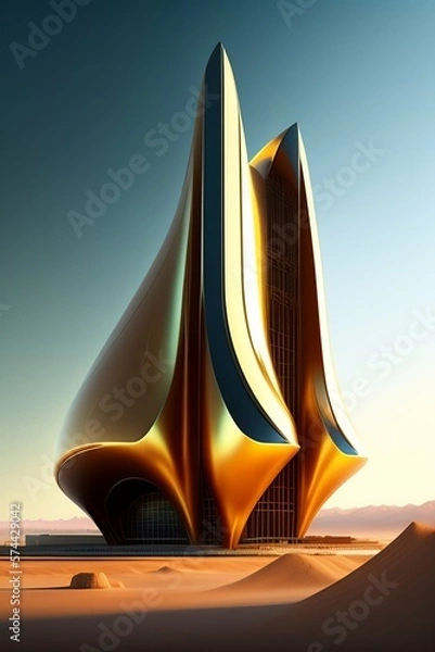 Obraz Future architecture, luxury house in fantasy style in the desert, made of gold