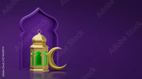 Fototapeta Ramadan Kareem. Ramadhan or Eid Mubarak greeting background. Golden Moon and lantern 3d render