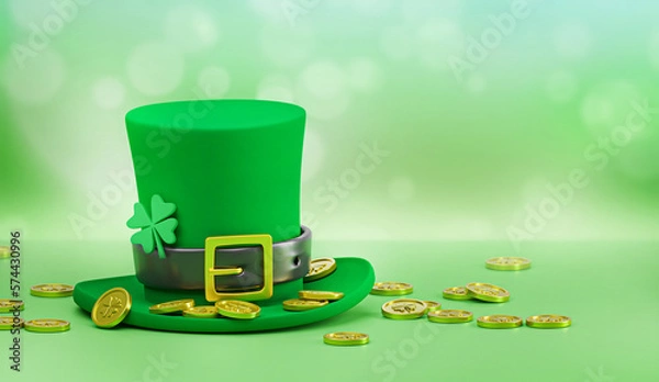 Fototapeta Saint Patrick's day green leprechaun hat with golden coins on green bokeh background. 3d render illustration. St patrick day background